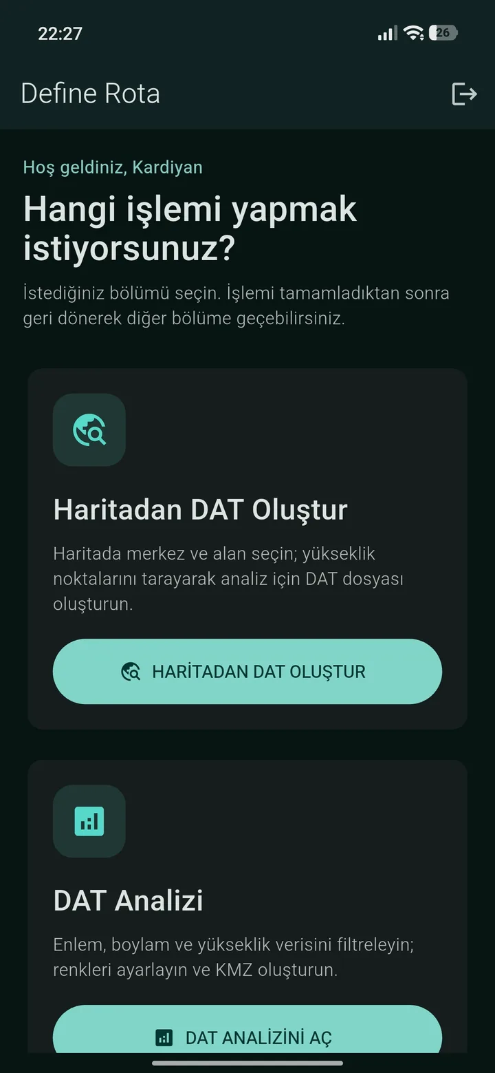 Haritadan DAT oluşturma başlangıç ekranı